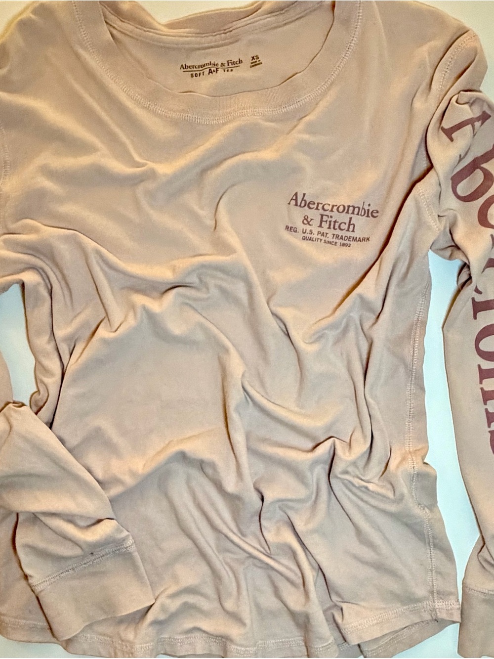 Abercrombie & Fitch Soft Tee in a Light Pink Blush color w/ Logo on Long Sleeve